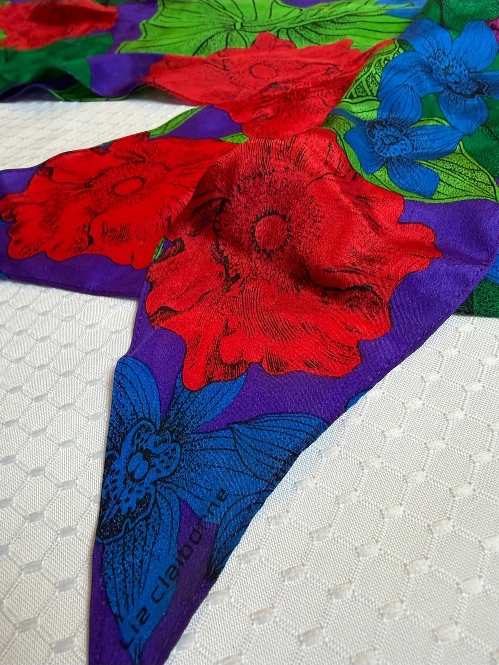Liz Claiborne vintage 100% silk Bold Floral scarf in Purple, Green & Red